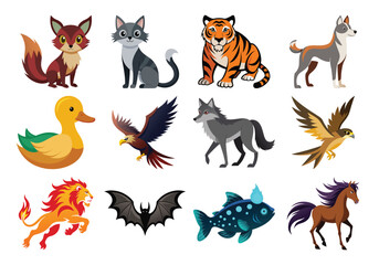Vector art of various cute animal cartoon illustrations isolated on white background