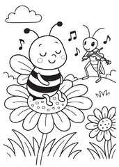 coloring book page bee on flower while bug plays flute