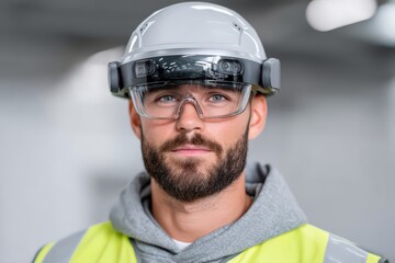 Confident male engineer in high visibility vest wearing innovative smart helmet and protective eyewear in modern workspace symbolizing safety and advanced technology in construction industry