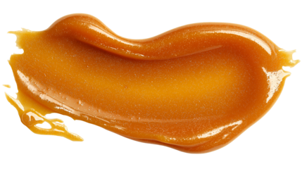 Thick honey-like balm swatch with amber glow and sticky texture effect, top-down view, white background, PNG 