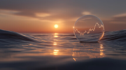 Market Trends Reflected in a Crystal Ball: A mesmerizing image captures a reflective sphere atop undulating water during a sunrise.