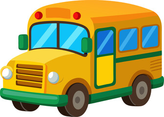 school bus isolated on white, Cute cartoon school bus driving, cheerful face, white background, children's book illustration