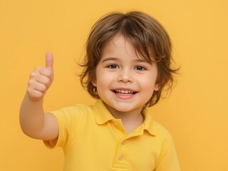 Smiling child gives thumbs up on yellow background.  Cheerful and adorable kid with a positive attitude.
