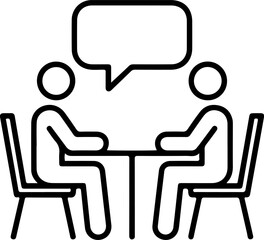 Two people sitting at a table with a speech bubble above them communicating