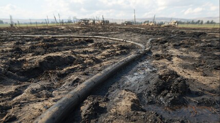 and keyword list, based on the image you provided

 Hose lies on burnt field, rural area, destruction after fire, aftermath in farmland