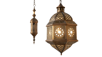 Exquisite golden lanterns with intricate latticework hang against a black backdrop, casting a warm light and evoking Middle Eastern charm, transparent background