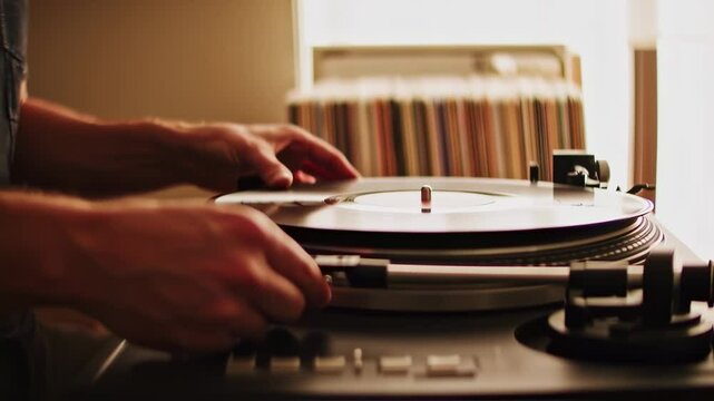 Hands placing vinyl record on turntable with album collection, capturing analog music and vintage sound.