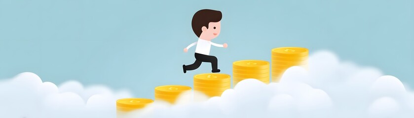 A cartoon man climbs golden coin steps floating in the clouds, symbolizing financial growth and success.