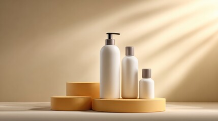 White Cosmetic, Shampoo Bottles mockup on Yellow Podium