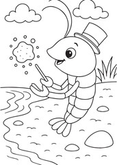  Coloring book shrimp wearing a hat and showing a trick in a river scene.