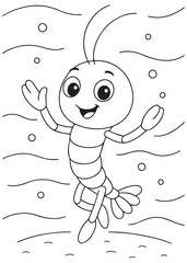 Coloring book shrimp swimming underwater with a happy expression