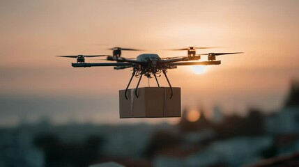 A delivery drone carrying a cardboard box package, hovering over a city at sunset for future shipping. - Powered by Adobe