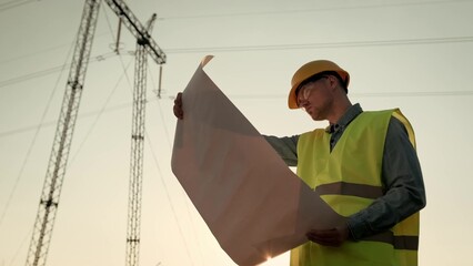 Power line inspector holding technical drawings during electricity inspection