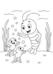 Coloring book shrimp teaching two tadpole creatures underwater