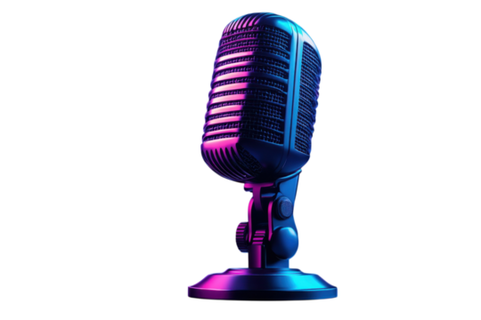A vintage microphone bathed in electric hues ready to amplify voices and stories with vibrant on transparent background