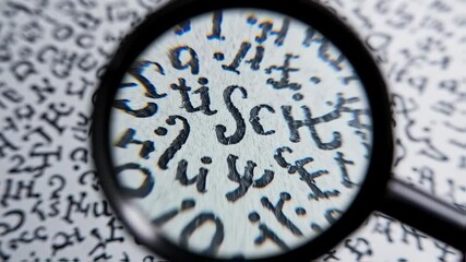 Magnifying glass over intricate handwritten script, revealing detailed characters of an old document or language.
