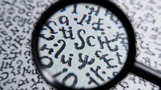 Magnifying glass over intricate handwritten script, revealing detailed characters of an old document or language.