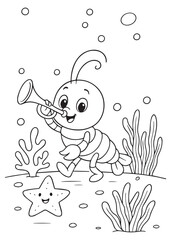  Coloring book shrimp playing trumpet underwater surrounded by coral