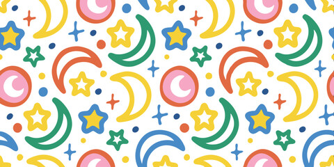 Celestial whimsy: A vibrant and playful pattern of cartoon stars, moons, and crosses, creates a captivating and cheerful aesthetic for various creative projects.