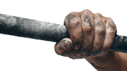 A close-up of a strong, dirty hand gripping a barbell tightly. transparent background