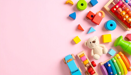 Naklejka premium Baby Kids Toy Banner Background with Colorful Educational Toys on Clean White Surface Modern Style