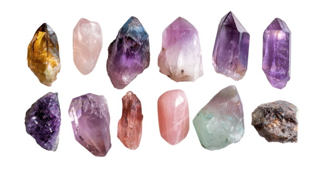 A collection of colorful, natural crystal gemstones arranged. transparent background