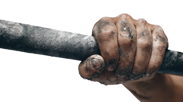 A close-up of a strong, dirty hand gripping a barbell tightly. transparent background