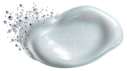 Skincare gel with bubbles and reflective sheen in a dynamic droplet shape, top view, clean white background, PNG 