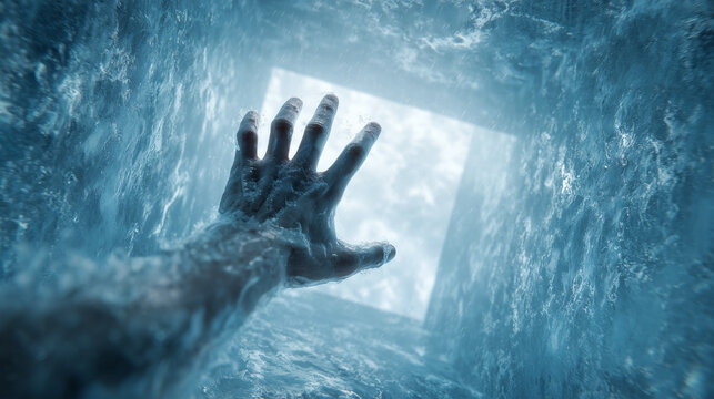 A hand is in the water and is reaching for something