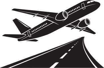 Silhouette of an airplane in side view, black vector icon in minimal style, simple aviation and travel transport symbol, isolated aircraft graphic on white background in PNG format

