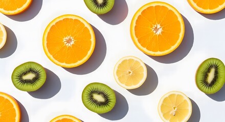Vibrant overhead view of sliced oranges lemons and kiwis arranged in a pattern on a clean white background with strong shadows
