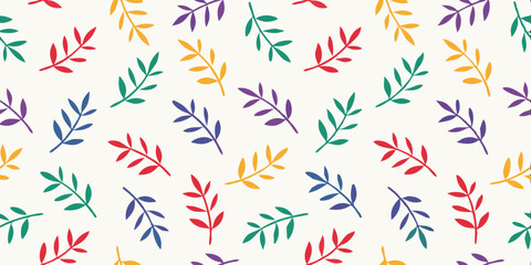 Rainbow Leaves Pattern: A cheerful, vibrant seamless pattern featuring colorful leaves in various hues of red, orange, yellow, green, blue, and purple, perfect for textile prints, stationery.