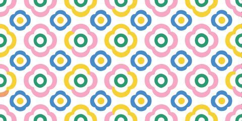 Blooming Geometry: A vibrant, repeating pattern of stylized flowers in a dynamic arrangement, showcasing a kaleidoscope of cheerful colors, perfect for textiles, decor, or digital design projects.