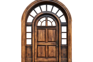 An enchanting arched wooden door beckons entry with timeless elegance a portal to untold on transparent background