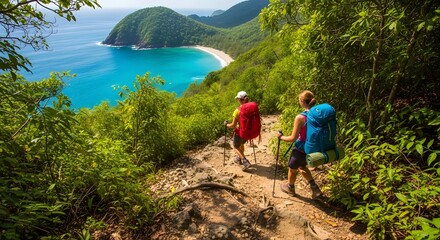 Two hikers with backpacks trek along a scenic coastal trail overlooking a turquoise bay and lush green mountainside