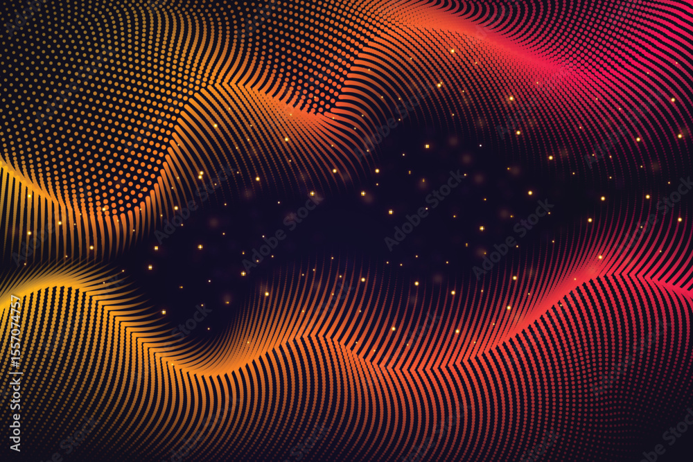 Poster abstract background with wavy lines and glowing particles in dark space isolated on transparent back
