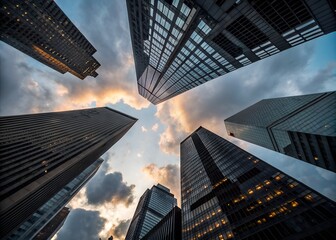 Skyscrapers reaching towards a dramatic sky at dusk with glowing windows