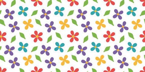 Flower Field Pattern: An eye-level pattern featuring vibrant, stylized flowers and leaves, showcasing a cheerful, artistic design, ideal for textile, wallpaper, or background applications.