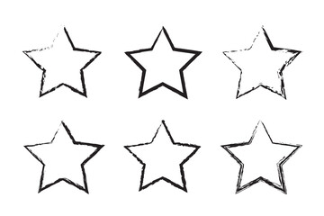 Red vintage stars with cracks and stains. Old hand-drawn sign, black simple shape. Retro design element with distressed effect, grunge texture. Vector illustration