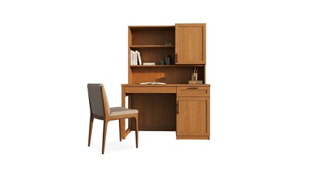 Wooden Desk with Hutch and Chair on White Background