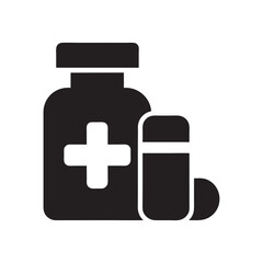 Black and White Icon of Medicine Bottle and Pills for Healthcare and Pharmacy