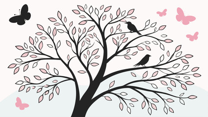 Illustration of a black tree with pink leaves and two birds with pink butterflies on a white background