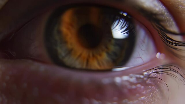 Detailed macro shot of a captivating hazel human eye, showcasing intricate iris patterns and a subtle light reflection.