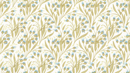Delicate Blue Bell Blossom Pattern with Soft Green Foliage on White Background
