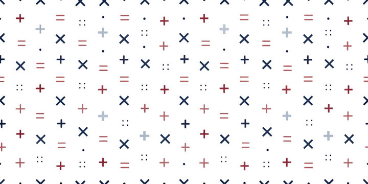Geometric Math Pattern: A seamless pattern with simple mathematical symbols, creating a modern and abstract visual. Perfect for design projects related to math, education, or technology.