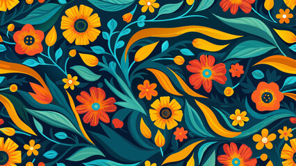 Vibrant Abstract Floral Pattern with Teal and Orange Accents on Dark Background