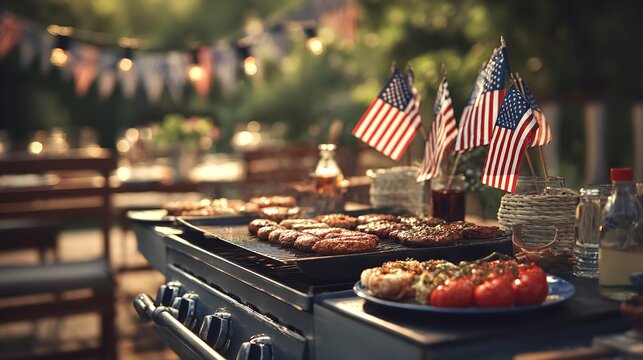 Grill sizzling at an outdoor Fourth of July barbecue with juicy burgers and American flags symbolizing freedom and