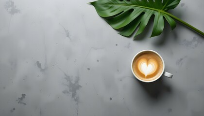 Modern Flat Lay with Heart Latte Art and Monstera Leaf on Gray Surface