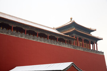 Snowscape of ancient architecture in the Forbidden City, Beijing, China.