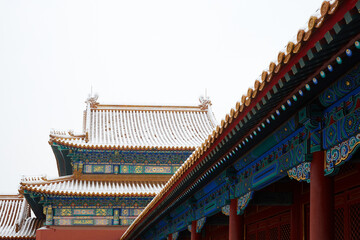 Snowscape of ancient architecture in the Forbidden City, Beijing, China.